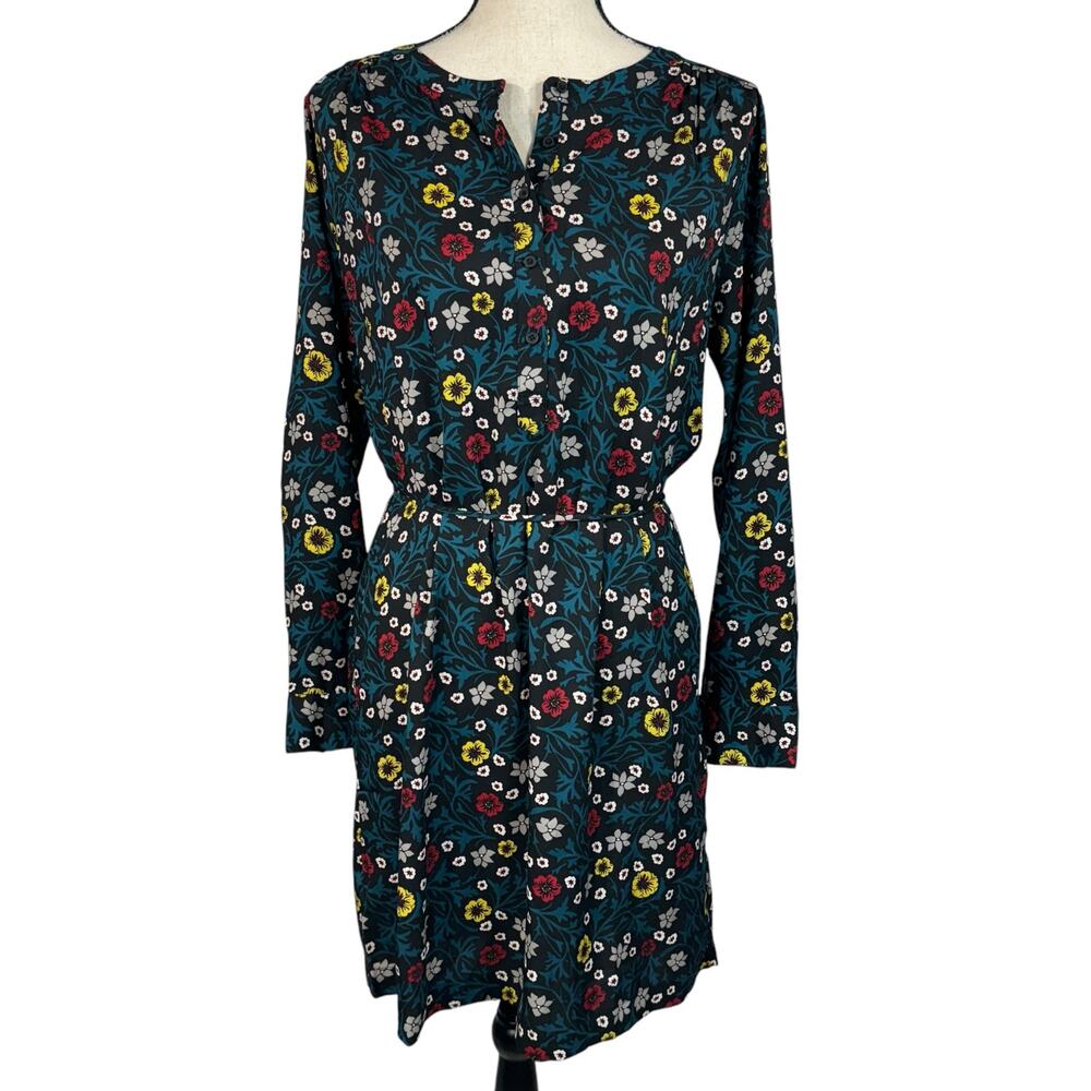Ann Taylor LOFT Medium Dress Floral Long Sleeve Partial Button Thin Belt Black